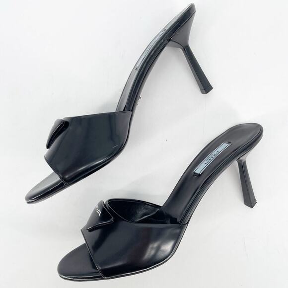 Prada Black Brushed Leather Padded Logo 75mm Open Toe Sandal Mule size IT 40 - Picture 5 of 12